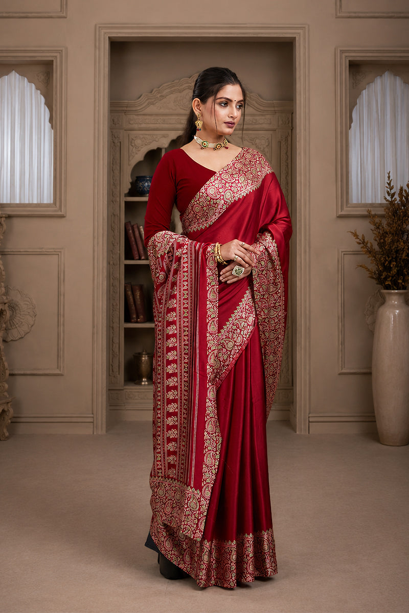 Red Ajrakh Printed Silk Saree