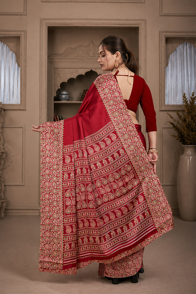 Red Ajrakh Printed Silk Saree
