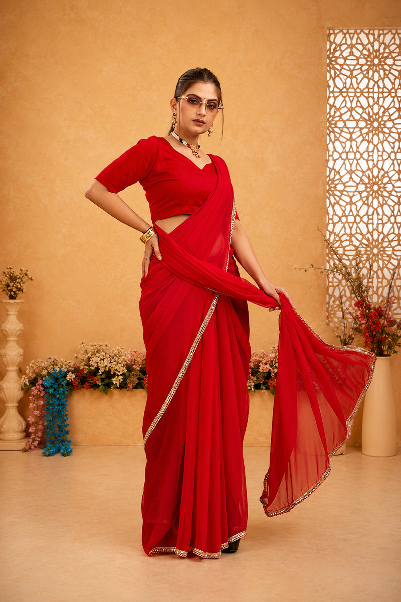 Red Mirror Lace Georgette Saree