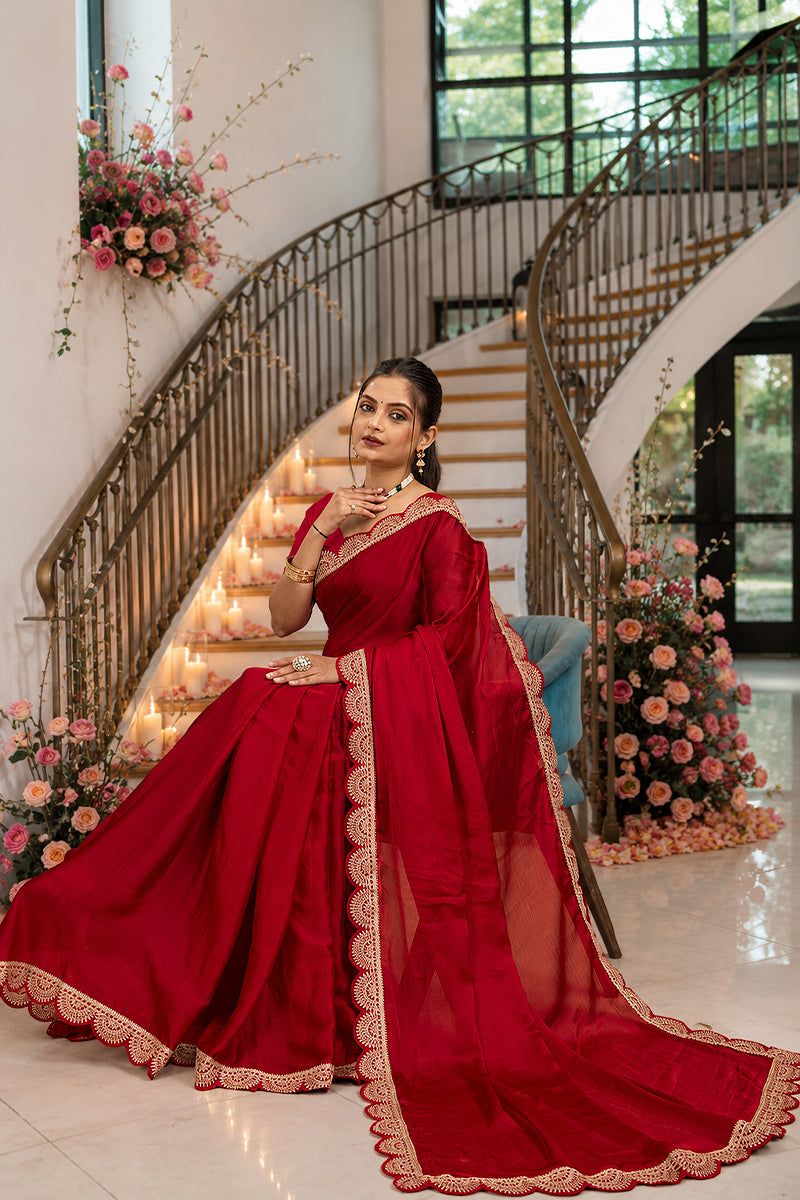 Red Embroidered Satin Chiffon Saree