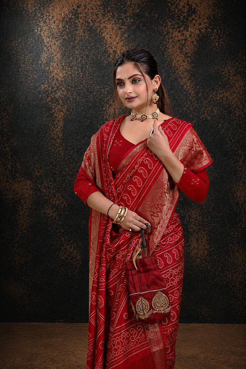 Red Bandhani Print Soft Dola Cotton Gharchola Saree