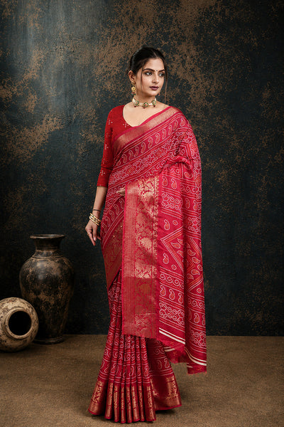 Pink Bandhani Print Soft Dola Cotton Gharchola Saree