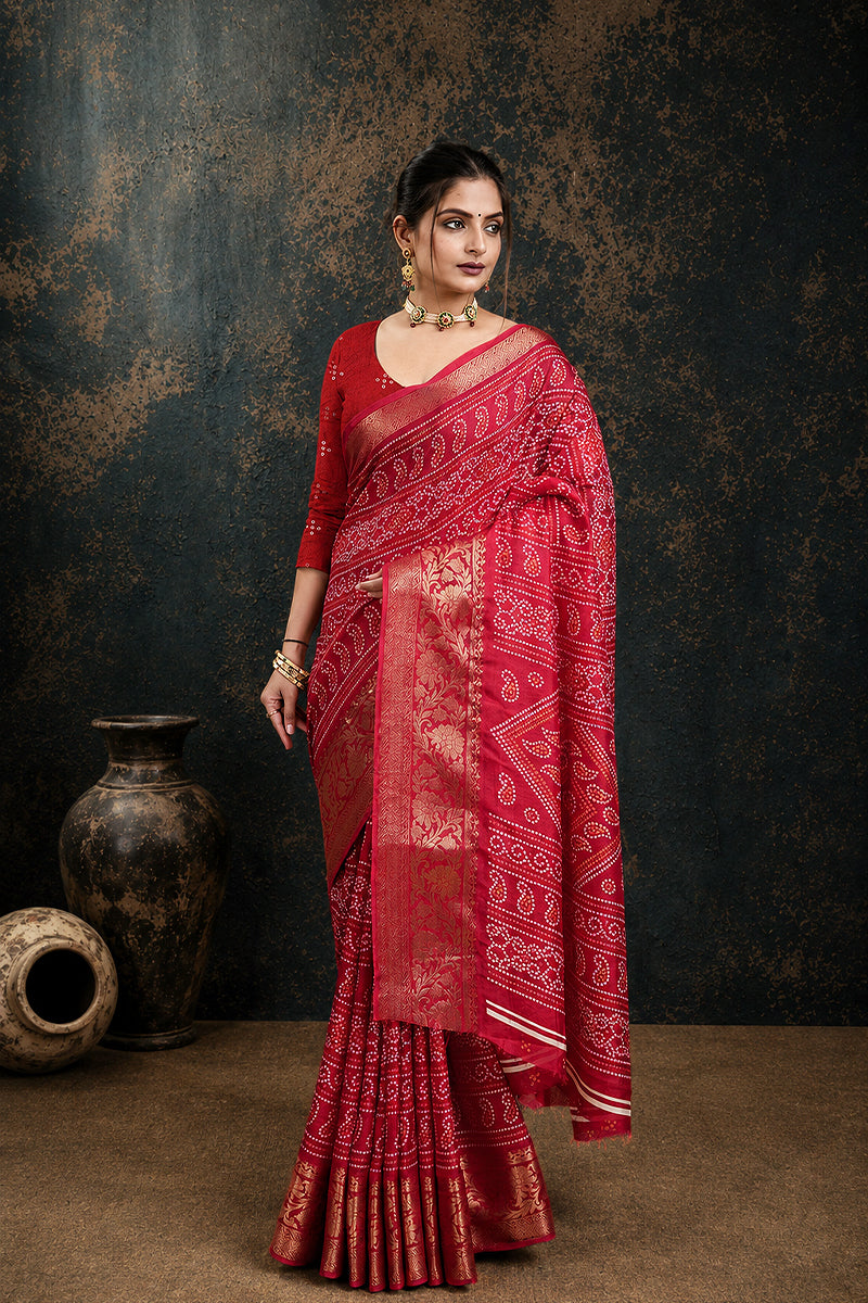 Pink Bandhani Print Soft Dola Cotton Gharchola Saree