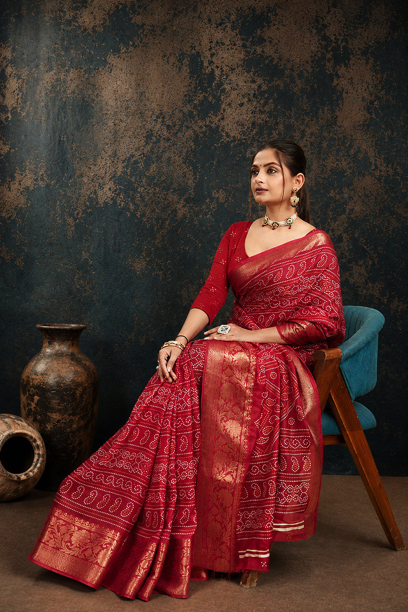 Pink Bandhani Print Soft Dola Cotton Gharchola Saree