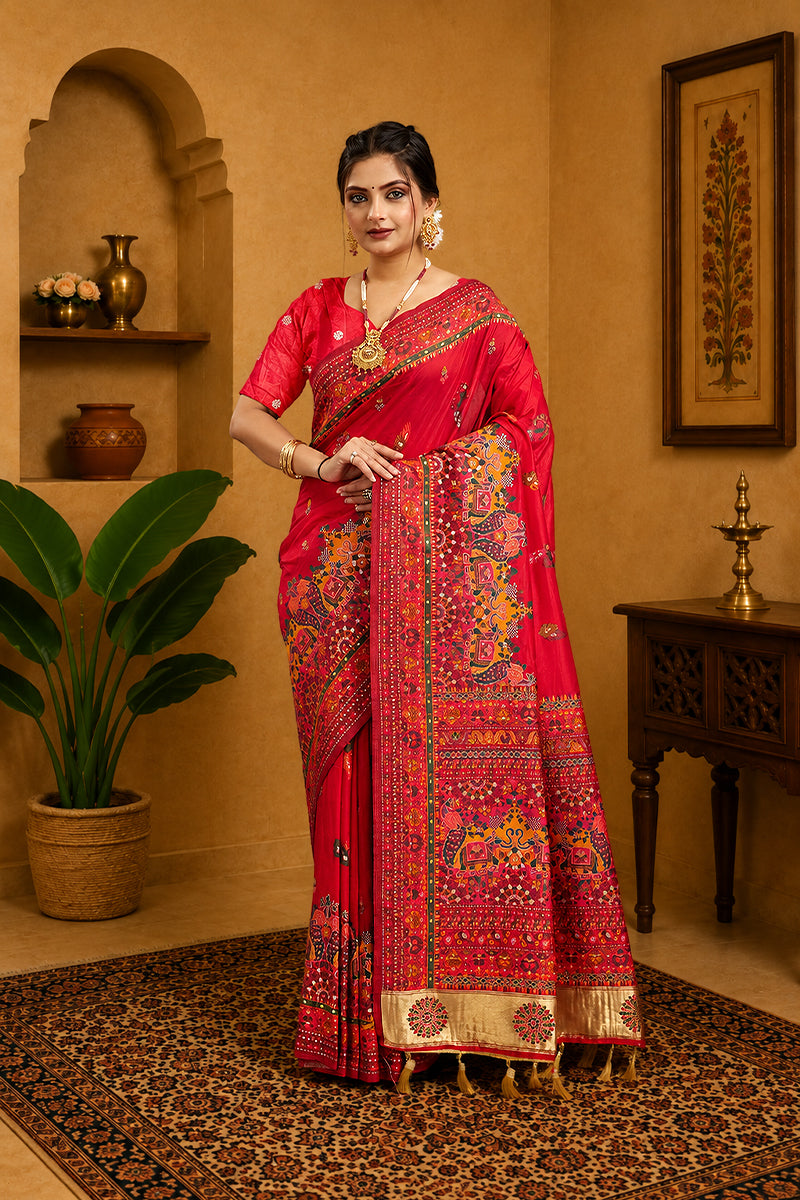 Red Rajwadi Pashmina Silk Saree