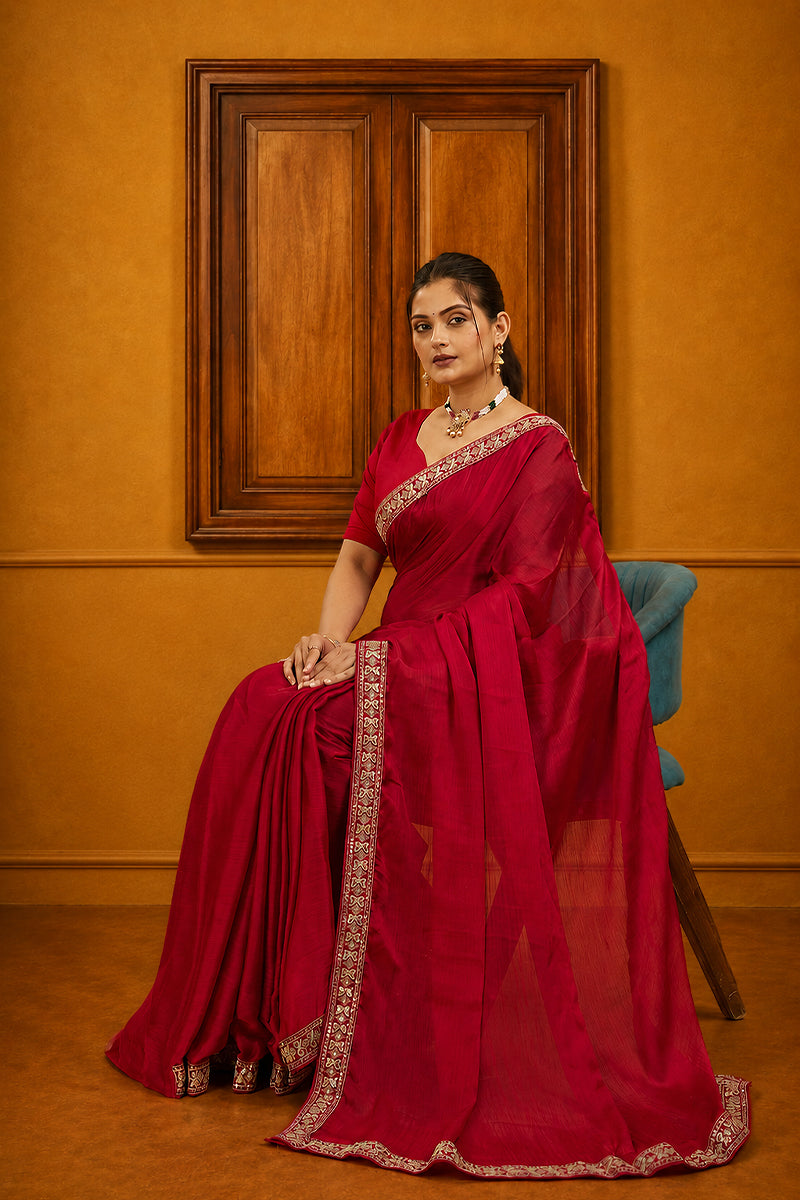 Red Solid Georgette Saree With Lace