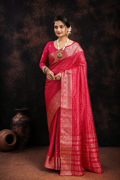 Dark Pink Woven Jacquard Cotton Silk Saree