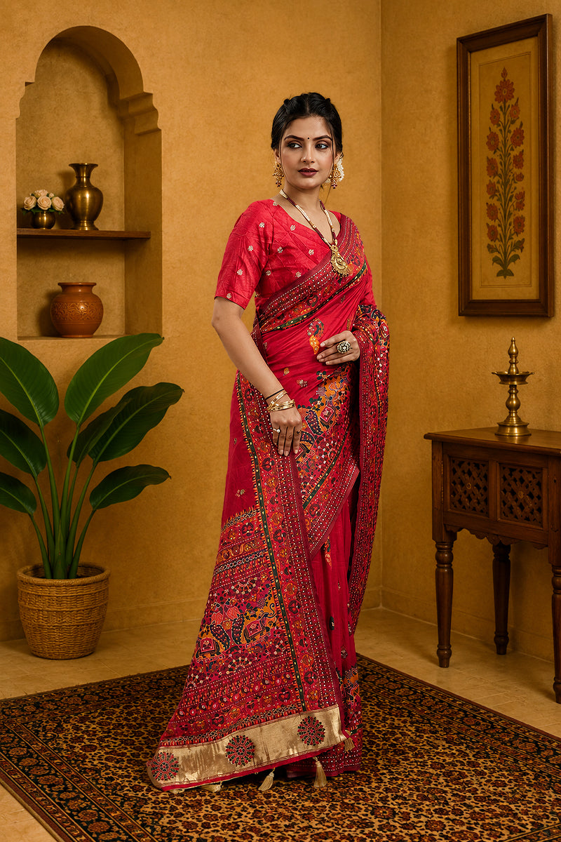 Red Rajwadi Pashmina Silk Saree