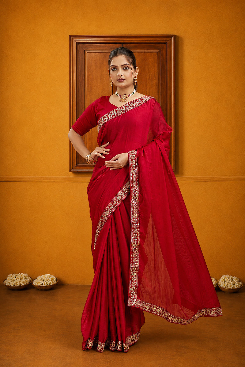 Red Solid Georgette Saree With Lace