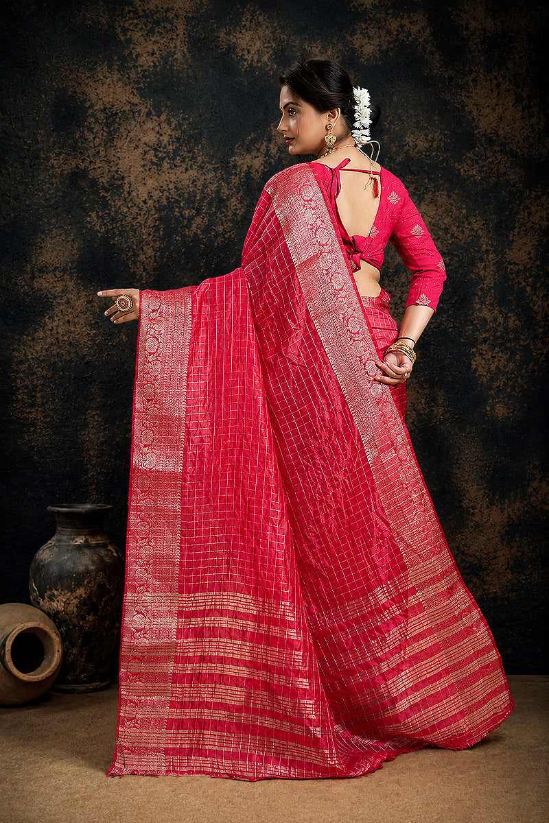 Dark Pink Woven Jacquard Cotton Silk Saree
