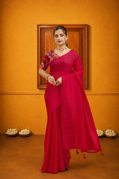 Red Solid Shimmer Polyester Saree