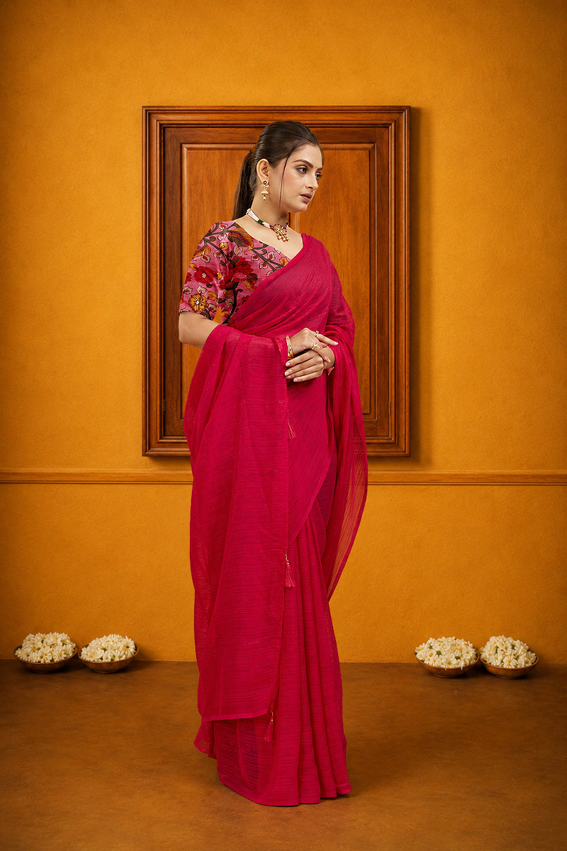 Red Solid Shimmer Polyester Saree
