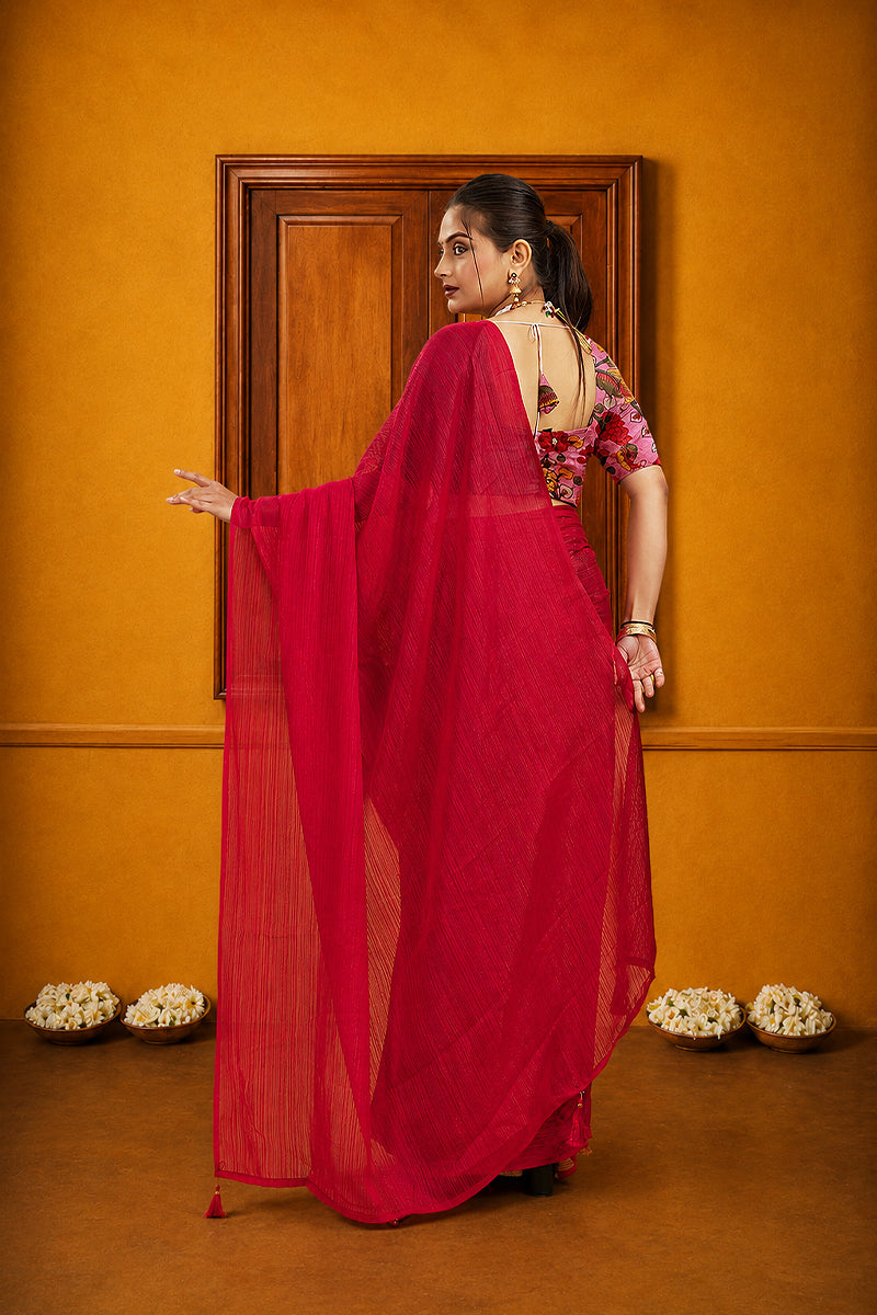 Red Solid Shimmer Polyester Saree