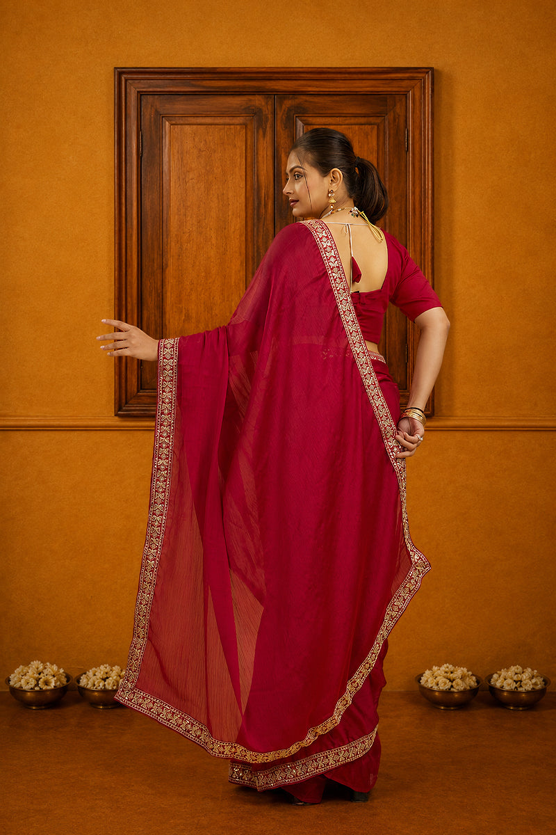 Red Solid Georgette Saree With Lace