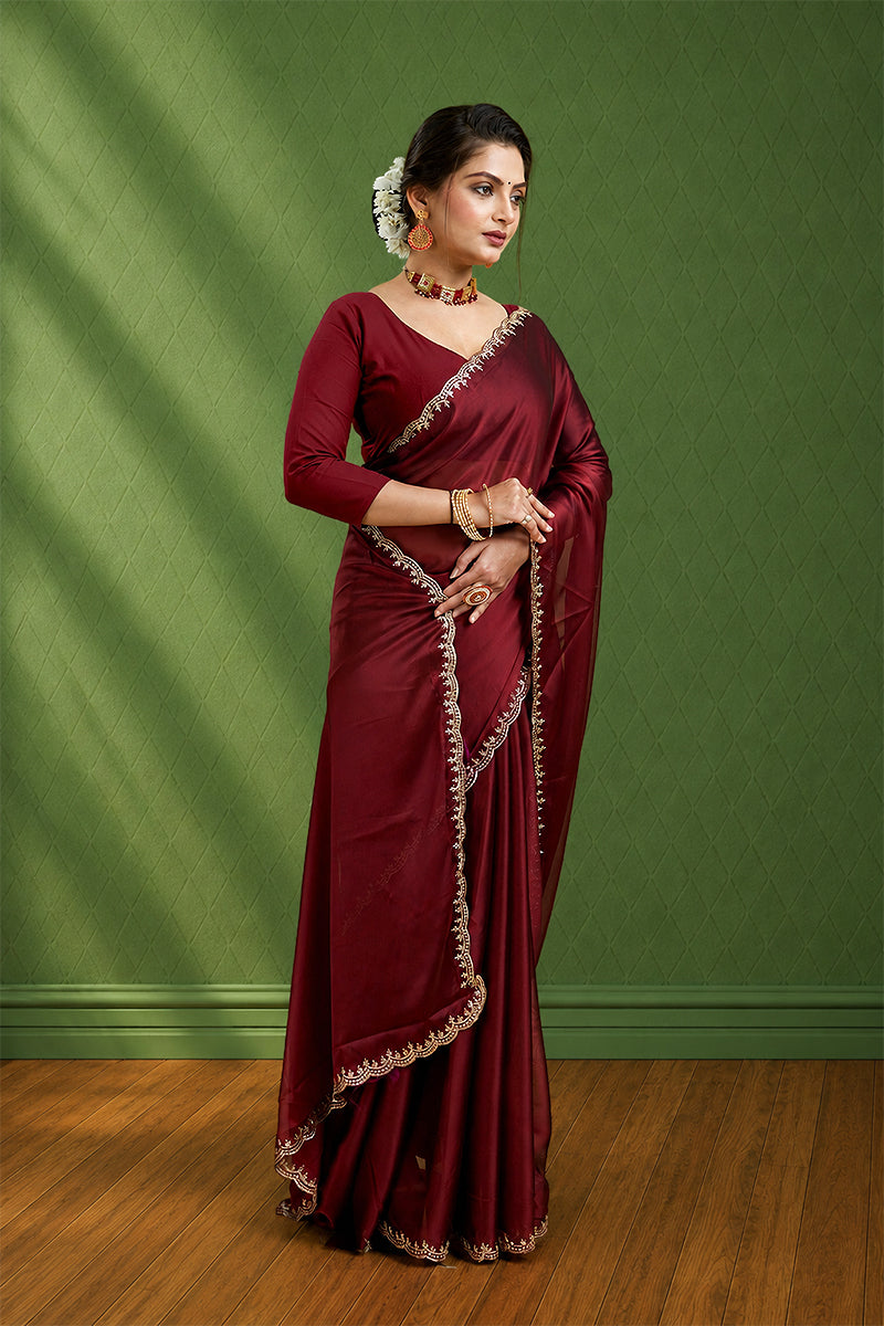 Maroon Embroidered Rangoli Silk Saree