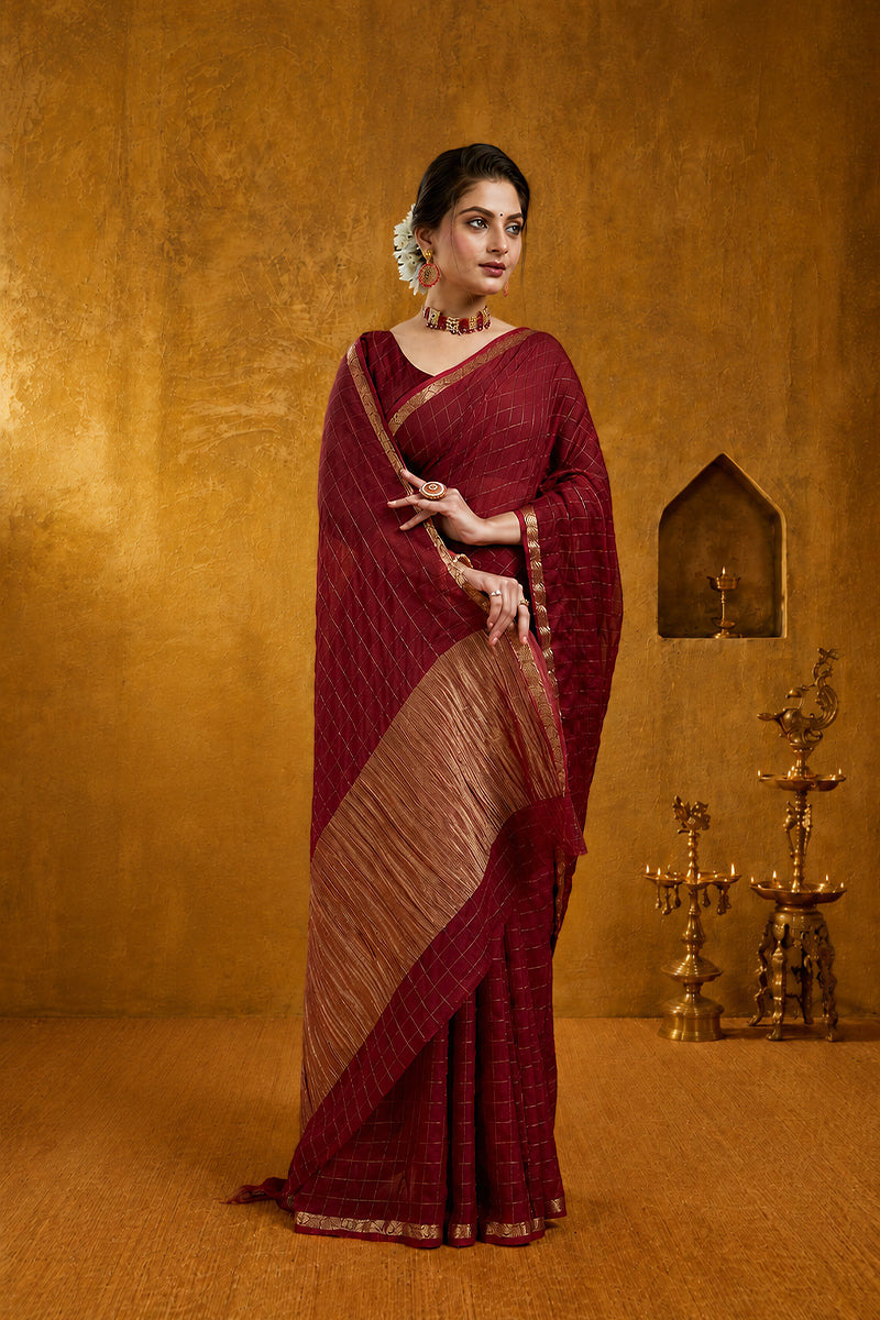 Red Woven Zari Border Viscose Chinnon Silk Saree