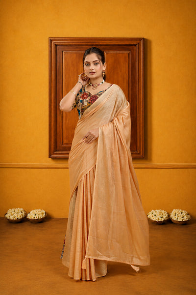Peach Solid Shimmer Polyester Saree