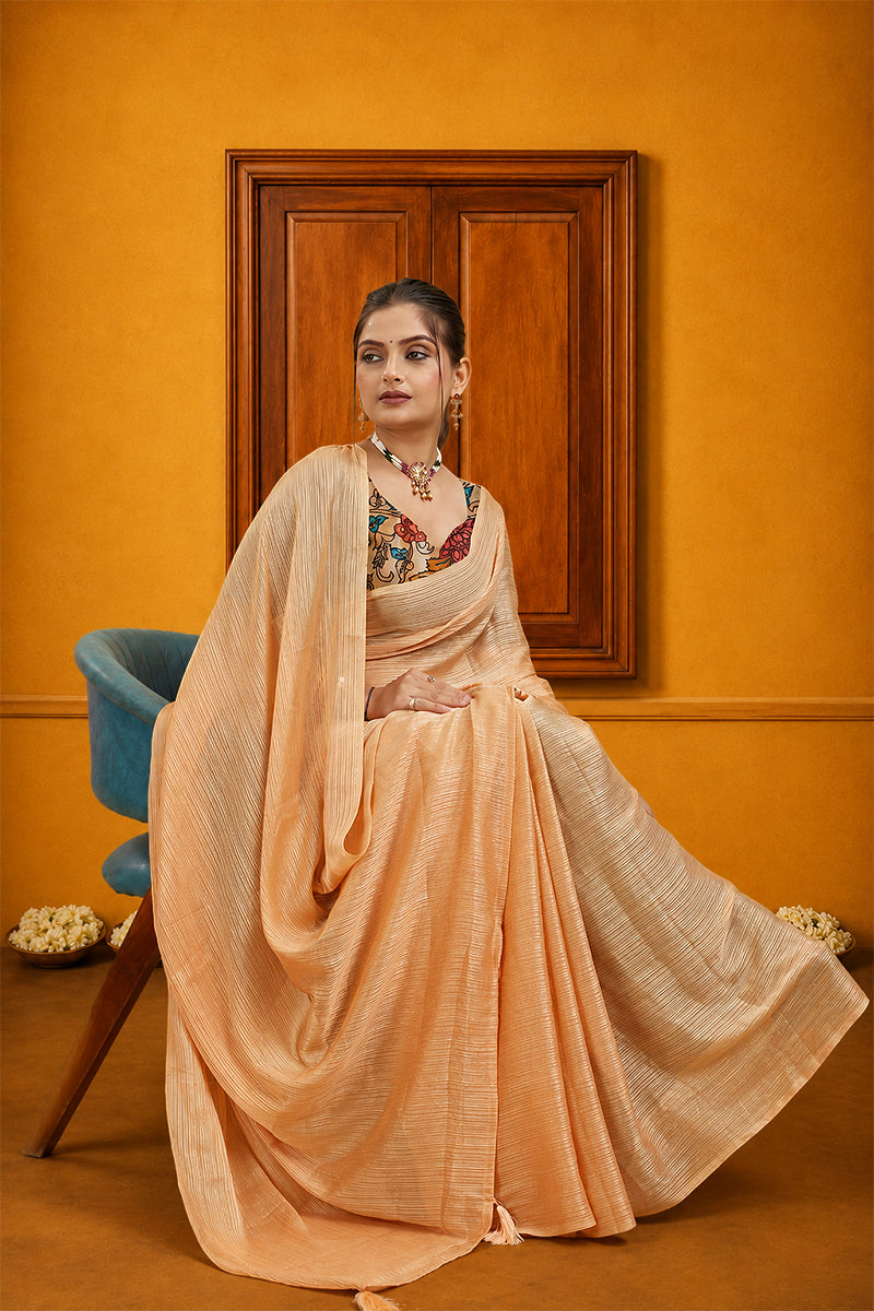 Peach Solid Shimmer Polyester Saree
