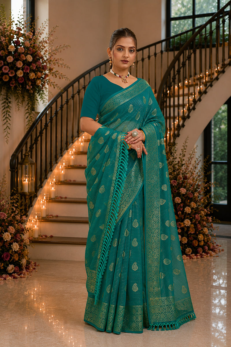 Green Foil Printed Soft Georgette Saree