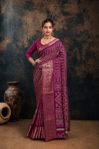 Purple Bandhani Print Soft Dola Cotton Gharchola Saree