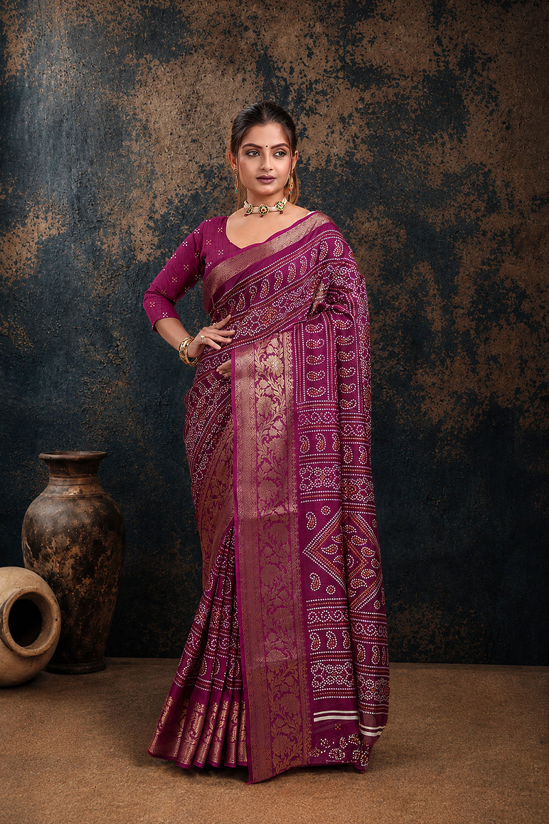 Purple Bandhani Print Soft Dola Cotton Gharchola Saree