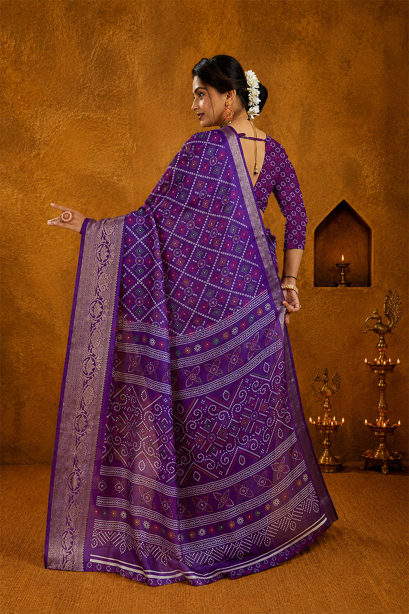 Purple Bandhani Print Soft Dola Cotton Gharchola Saree