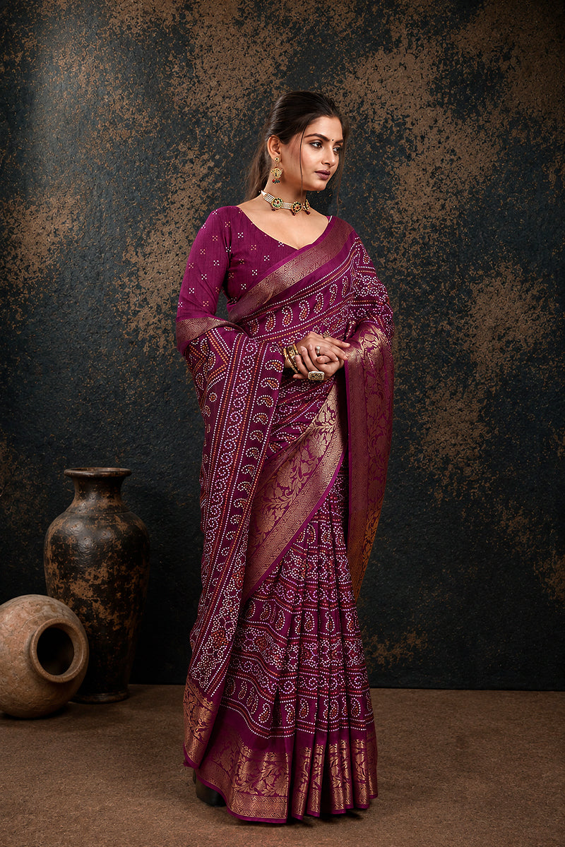 Purple Bandhani Print Soft Dola Cotton Gharchola Saree