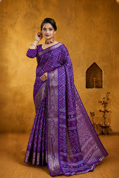 Purple Bandhani Print Soft Dola Cotton Gharchola Saree