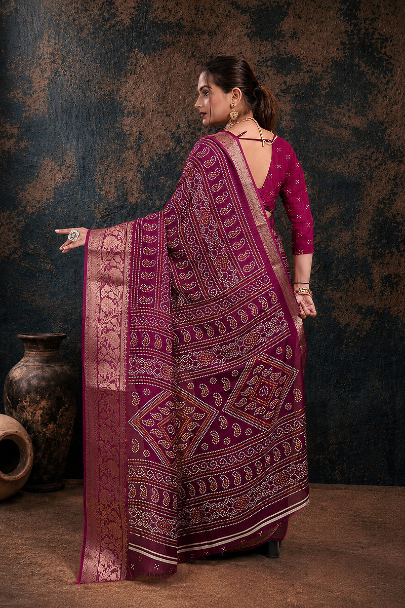 Purple Bandhani Print Soft Dola Cotton Gharchola Saree