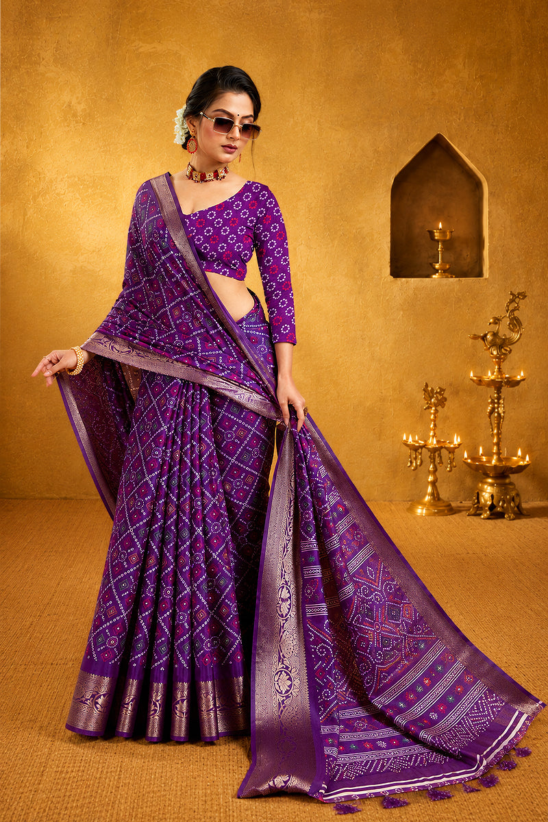 Purple Bandhani Print Soft Dola Cotton Gharchola Saree