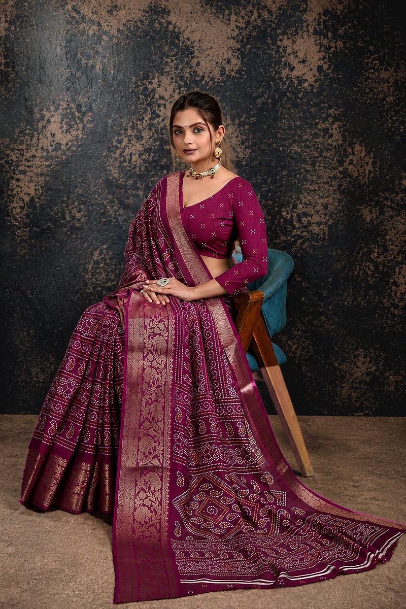 Purple Bandhani Print Soft Dola Cotton Gharchola Saree