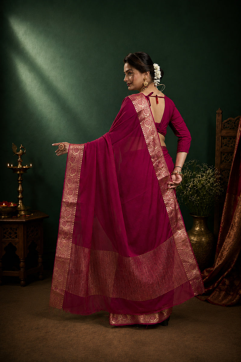 Wine Woven Chinnon Silk Saree