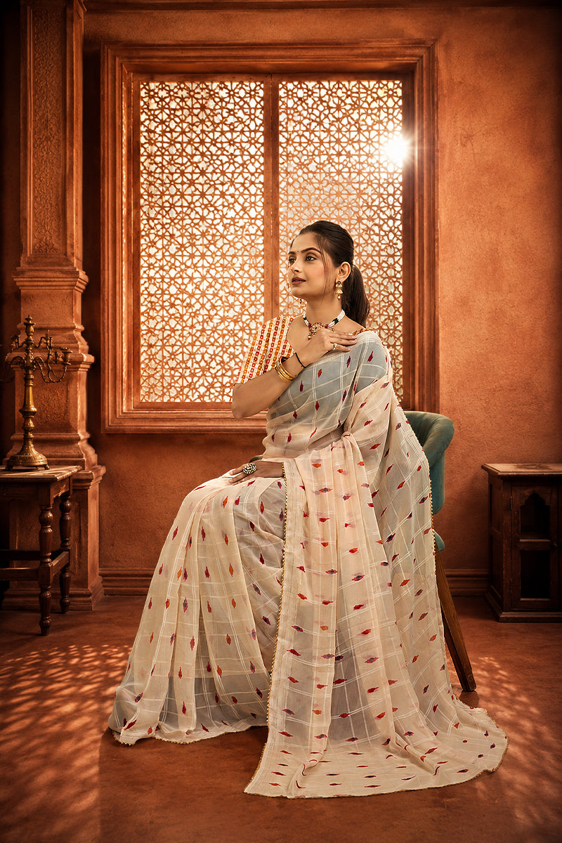 Off White Ready To Wear Digital Printed Georgette Saree