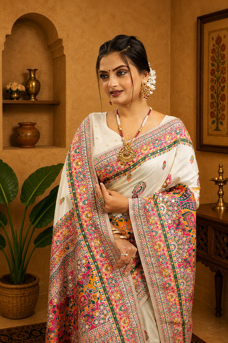 White Rajwadi Pashmina Silk Saree