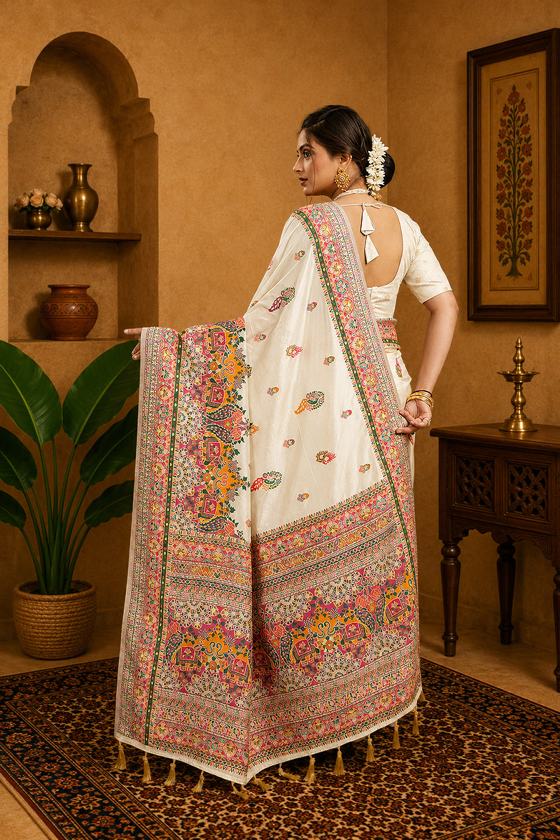 White Rajwadi Pashmina Silk Saree