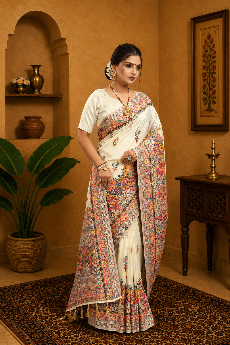 White Rajwadi Pashmina Silk Saree