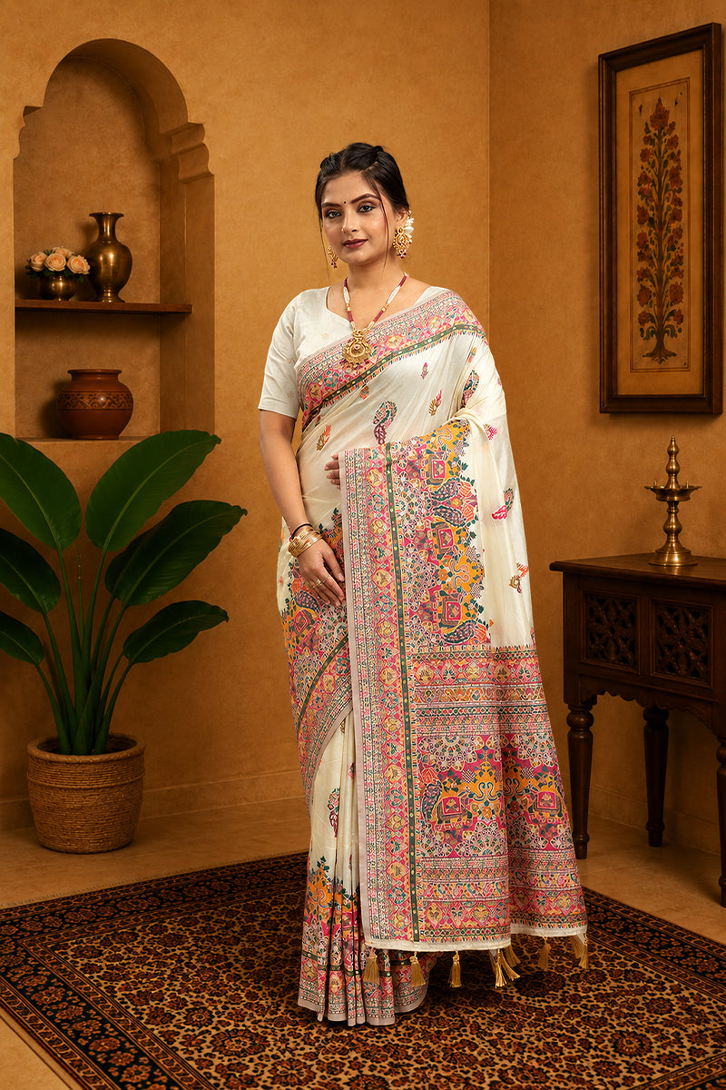 White Rajwadi Pashmina Silk Saree