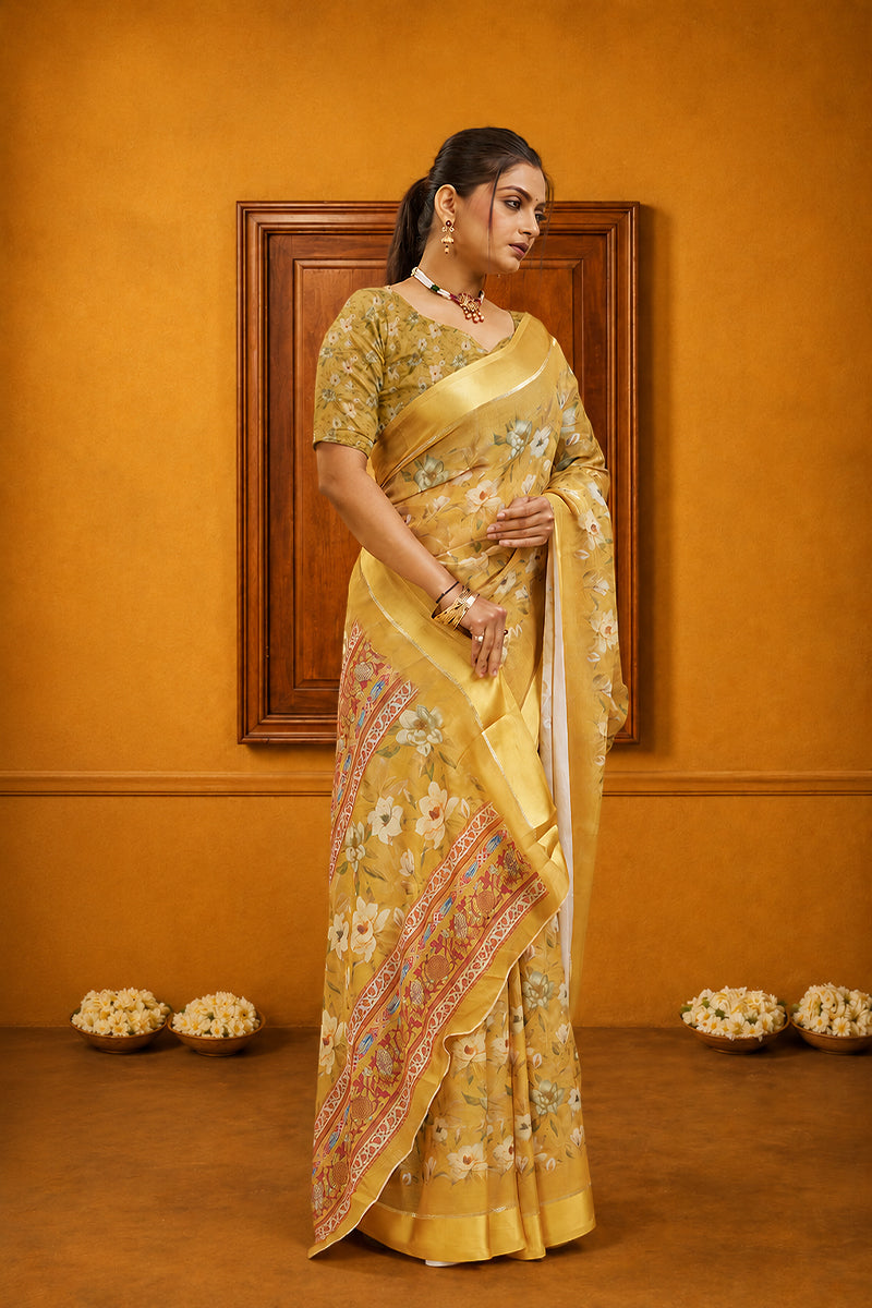 Yellow Floral Printed Bright Moss Gharchola Saree