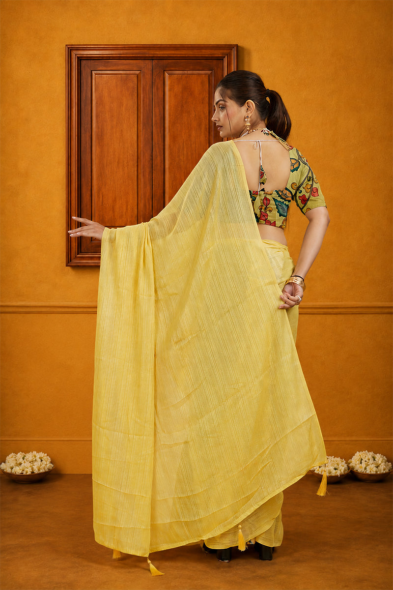 Yellow Solid Shimmer Polyester Saree