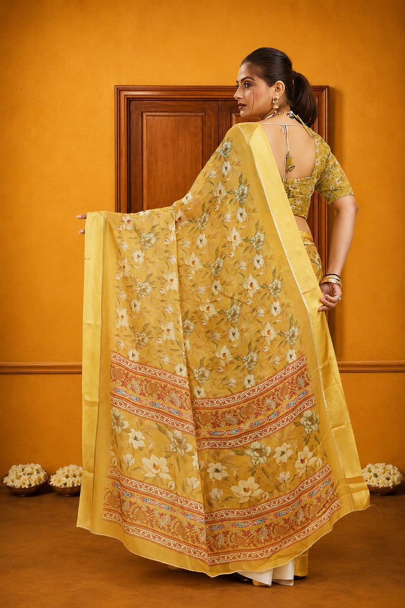 Yellow Floral Printed Bright Moss Gharchola Saree