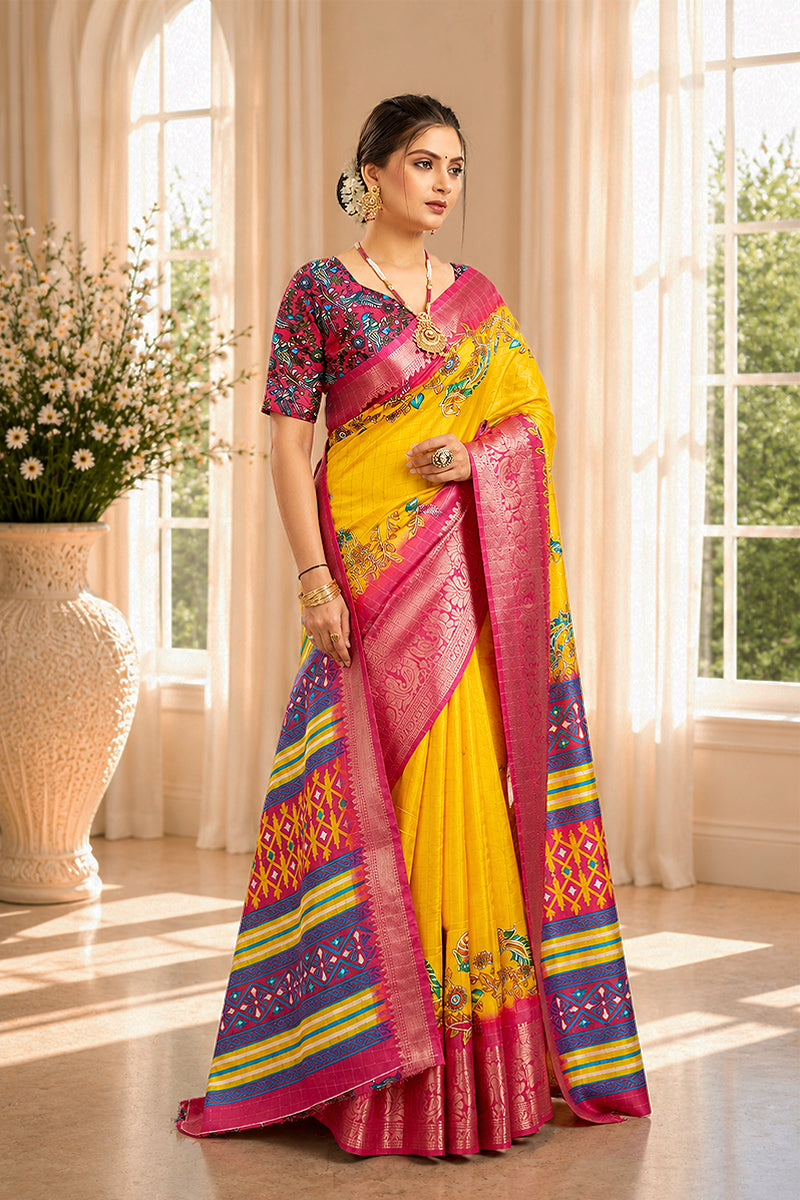Yellow Digital Printed Cotton Gharchola Saree