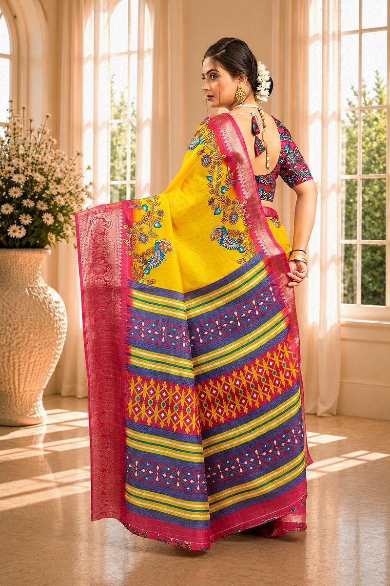 Yellow Digital Printed Cotton Gharchola Saree