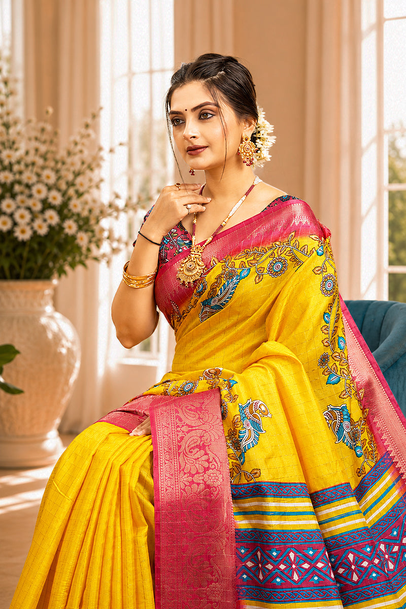 Yellow Digital Printed Cotton Gharchola Saree